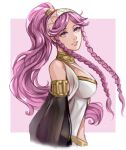  1girl artist_name braid breasts english_commentary fire_emblem fire_emblem_awakening from_side hairband highres long_hair looking_at_viewer olivia_(fire_emblem) parted_lips pink_eyes pink_hair ponytail schereas smile solo twin_braids upper_body very_long_hair 