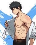  1boy abs artist_name bara bare_pectorals belt black_hair black_pants brown_belt han_daewi highres kuroshinki large_pectorals male_focus muscular muscular_male navel nipples open_clothes open_shirt pants pectorals shirt short_hair smile solo the_god_of_high_school white_shirt 