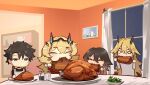  2boys 2girls absurdres barghest_(fate) barghest_(like_a_lady)_(fate) black_hair blonde_hair blue_eyes breasts chibi closed_eyes dinner drumsticks eating family fate/grand_order fate_(series) father_and_daughter father_and_son food fork fujimaru_ritsuka_(male) garnish highres holding holding_food holding_fork holding_knife if_they_mated knife large_breasts meat mother_and_daughter mother_and_son multiple_boys multiple_girls obazzotto pepper_shaker photo_(object) salt_shaker shelf table turkey_(food) window 