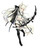  1girl animal_ears arknights black_footwear black_gloves boots bow_(weapon) buttons clothes_writing compound_bow elbow_gloves full_body gloves hand_in_own_hair hetchi_(c_oda) highres holding holding_bow_(weapon) holding_weapon horse_ears horse_girl horse_tail jacket long_hair long_sleeves looking_at_viewer midriff navel platinum_(arknights) shorts simple_background solo tail thigh_boots very_long_hair weapon white_background white_hair white_jacket white_shorts yellow_eyes 