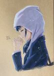  1girl 2020 absurdres amano_hina_(tenki_no_ko) blue_hair blue_jacket closed_eyes colored_pencil_(medium) commentary_request cropped_torso dated english_commentary from_side highres hood hood_up hooded_sweater jacket korean_commentary long_hair long_sleeves making-of_available mixed-language_commentary own_hands_clasped own_hands_together p.art profile signature solo sweater tenki_no_ko traditional_media upper_body white_sweater 
