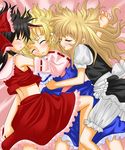  alice_margatroid apron artist_request bed_sheet black_dress blonde_hair bloomers blue_dress capelet closed_mouth detached_sleeves dress frills from_above frown hakurei_reimu hug kirisame_marisa long_sleeves lying multiple_girls on_back on_side on_stomach red_skirt ribbon-trimmed_sleeves ribbon_trim skirt source_request touhou underwear waist_apron white_bloomers wince yuri 