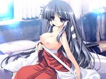  blue_hair game_cg hakama japanese_clothes kagura_(prism_ark) miko oono_tetsuya prism_ark red_hakama solo topless 