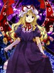  1girl blonde_hair bow commentary_request cowboy_shot elbow_gloves flat_chest gap_(touhou) gloves hair_bow hat hat_ribbon highres kaigen_1025 long_hair mob neck_ribbon open_mouth puffy_short_sleeves puffy_sleeves purple_hair red_bow red_ribbon ribbon short_sleeves smile solo touhou white_gloves yakumo_yukari 