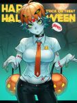  1girl @_@ aqua_hair batman_(series) black_crowser black_pants breasts character_request colored_skin dc_comics green_eyes grey_skin halloween halloween_costume happy_halloween highres jack-o&#039;-lantern medium_breasts midriff multicolored_hair necktie orange_necktie pants pumpkin_hat shirt short_hair solo stomach white_shirt 