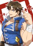  1boy absurdres bandaged_arm bandages bara blue_eyes blue_shirt brown_hair castlevania:_rondo_of_blood castlevania_(series) headband highres kuroshinki large_pectorals looking_at_viewer male_focus muscular muscular_male open_mouth pectorals richter_belmont shirt short_hair smile solo thumbs_up torn_clothes torn_shirt upper_body white_headband 