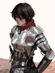  1girl armor artist_name black_hair blue_eyes blurry breastplate commentary depth_of_field english_commentary frown hand_on_own_hip highres looking_at_viewer mikasa_ackerman red_scarf scarf serious sheath sheathed shingeki_no_kyojin short_hair shoulder_armor solo upper_body white_background zu_yuan_cesar 