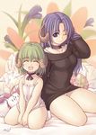  :d ^_^ age_difference blue_eyes blue_hair choker closed_eyes copyright_request dress green_hair horns multiple_girls no_pants one_eye_closed open_mouth panties size_difference smile sweater sweater_dress underwear xration 