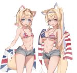  2girls :3 :d alternate_costume alternate_hairstyle american_flag american_flag_bikini animal_ear_fluff animal_ears artist_request bikini blue_bikini blue_eyes blue_hair blue_hairband breasts commentary commission cowboy_shot dog_ears dog_girl dog_tail english_commentary fangs flag flag_print fuwawa_abyssgard grey_shorts hairband high_ponytail highleg highleg_bikini highres holding holding_flag hololive hololive_english large_breasts long_hair mococo_abyssgard multiple_girls navel pink_eyes pink_hair pink_hairband red_bikini second-party_source short_hair shorts siblings simple_background sisters sketch small_breasts smile standing swimsuit tail thighs twins union_jack union_jack_bikini white_background 