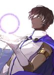  1boy absurdres arjuna_(fate) armlet bishounen blue_cape brown_eyes brown_hair cape casting_spell dark-skinned_male dark_skin fate/grand_order fate_(series) gloves highres male_focus ororooops parted_lips shirt short_hair solo white_gloves white_shirt 