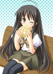  black_hair bread food melon_bread one_eye_closed school_uniform shakugan_no_shana shana sitting solo thighhighs uehiro 