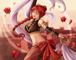  1girl armlet bangle bare_shoulders bracelet braid braided_ponytail breasts closed_eyes dancing detached_sleeves fire_emblem fire_emblem:_the_sacred_stones fire_emblem_heroes highres jewelry lipstick long_hair makeup medium_breasts midriff navel red_hair red_lips schereas shawl smile solo tethys_(fire_emblem) 