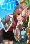  1girl ahoge alternate_costume amusement_park bag black_skirt blue_sky blush breasts brown_bag brown_hair brown_jacket commentary_request copano_rickey_(umamusume) double_bun ear_covers fang ferris_wheel fur-trimmed_jacket fur_trim hair_between_eyes hair_bun hair_ornament handbag highres jacket leaning_forward looking_at_viewer medium_breasts multicolored_hair open_clothes open_jacket open_mouth outdoors pink_eyes red_sweater skin_fang skirt sky small-wso6-bell smile solo streaked_hair sweater tassel tassel_hair_ornament umamusume white_hair 