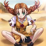  bike_shorts boots braid brown_hair dress green_eyes gunxsword haruyama_kazunori jewelry kameo long_hair lowres necklace sitting solo turtle twin_braids wendy_garrett 