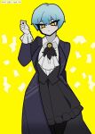  1girl angela_(project_moon) ascot black_skirt black_vest blue_coat blue_hair closed_mouth coat collared_shirt hand_up kekeken library_of_ruina long_sleeves project_moon shirt short_hair simple_background skirt solo vest white_ascot white_shirt yellow_background 