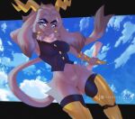 anthro black_clothing blue_eyes bottomless bottomless_female bovid caprine clothed clothing felid feline female fur goat grey_body grey_fur horn hybrid lagomorph leporid mammal navel pseudoregalia purrynx rabbit seductive sky solo sybil_(pseudoregalia)