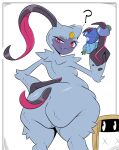 absurd_res anthro berry big_butt blue_body blue_fur blush breasts butt butt_focus eating fangs female food fruit fur generation_2_pokemon hand_on_hip hi_res huge_butt looking_at_viewer looking_back looking_back_at_viewer multicolored_body multicolored_fur nintendo pink_eyes plant pokemon pokemon_(species) question_mark rear_view sneasel solo standing teeth thick_thighs veryfilthything