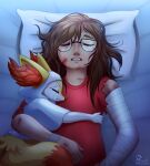 bodily_fluids braixen brown_hair canid canine cast clothed clothing comfort digital_media_(artwork) duo eye_patch eyewear female fox fully_clothed fur generation_6_pokemon glasses hair hi_res hospital human inner_ear_fluff lying mammal nintendo on_back pokemon pokemon_(species) shawl sleeping sweet_mintality tears tuft wounded