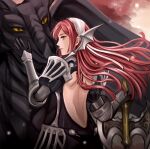  1girl armor artist_name axe back cherche_(fire_emblem) closed_mouth dragon fire_emblem fire_emblem_awakening from_behind hairband highres holding holding_axe long_hair looking_at_viewer looking_back minerva_(fire_emblem_awakening) pink_eyes pink_hair schereas upper_body white_hairband wyvern 