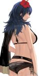  1girl ass bikini black_bikini blue_hair breasts byleth_(fire_emblem) capelet closed_mouth cowboy_shot fire_emblem fire_emblem:_three_houses flower hair_flower hair_ornament hibiscus highres large_breasts long_hair looking_at_viewer looking_back purple_eyes red_flower sideboob simple_background solo strap_gap swimsuit ushiomi white_background 