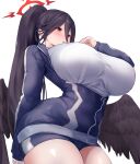  1girl absurdres black_hair black_shorts black_wings blue_archive blush breasts cowboy_shot feathered_wings gym_uniform halo hasumi_(blue_archive) hasumi_(track)_(blue_archive) highres huge_breasts jacket large_breasts long_hair official_alternate_costume open_mouth ponytail red_halo shirt shorts solo track_jacket very_long_hair white_shirt wings yuuki_shuri 