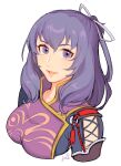  1girl artist_name bow breasts double-parted_bangs eiyuu_densetsu hair_between_eyes hair_bow hair_rings heart highres jivke large_breasts looking_at_viewer portrait purple_eyes purple_hair rixia_mao saporion smile solo transparent_background upper_body zero_no_kiseki 