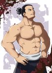  1boy absurdres adam&#039;s_apple artist_request bara black_hair cowboy_shot head_tilt highres jujutsu_kaisen large_pectorals male_focus muscular muscular_male no_nipples pectorals scar scar_across_eye short_hair sideburns solo topless_male toudou_aoi_(jujutsu_kaisen) 