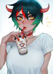  1girl black_crowser black_hair breasts coffee_cup cup dark-skinned_female dark_skin demon_horns disposable_cup drinking_straw green_hair highres horns medium_breasts multicolored_hair original red_hair shirt short_hair solo white_shirt yellow_eyes 