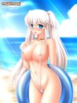  beach breasts curvy day huge_breasts kafu mabinogi nao_(mabinogi) nipples slingshot_swimsuit solo swimsuit twintails white_hair 
