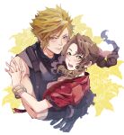  1boy 1girl absurdres aerith_gainsborough arm_around_back bangle black_gloves blonde_hair blue_eyes blue_shirt blush bracelet braid braided_ponytail breasts brown_hair closed_mouth cloud_strife couple demi_co dress final_fantasy final_fantasy_vii final_fantasy_vii_rebirth floral_background flower gloves green_eyes hair_between_eyes hair_ribbon hetero highres hug jacket jewelry lily_(flower) long_hair looking_at_viewer medium_breasts open_mouth parted_bangs pink_dress pink_ribbon red_jacket ribbon shirt short_hair short_sleeves sidelocks single_bare_shoulder single_braid sleeveless sleeveless_turtleneck spiked_hair suspenders turtleneck upper_body wavy_hair yellow_flower 