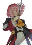  1girl ascot belt fire_emblem fire_emblem_engage floating_hair hairband highres holding holding_sword holding_weapon jin_noumi lapis_(fire_emblem) long_sleeves looking_at_viewer official_alternate_costume pink_eyes pink_hair short_hair solo sword weapon white_background yellow_ascot 