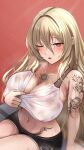  1girl arm_support arm_tattoo azur_lane baltimore_(azur_lane) baltimore_(azur_lane)_(cosplay) baltimore_(black_ace)_(azur_lane) bare_shoulders black_shorts blonde_hair blush breasts chest_tattoo cleavage collarbone commentary_request commission cosplay covered_nipples ex_saki flower_tattoo groin hair_between_eyes heavy_breathing highres hot implacable_(azur_lane) large_breasts long_bangs long_hair midriff navel one_eye_closed open_mouth pixiv_commission red_eyes see-through_sports_bra shadow short_shorts shorts sidelocks sitting sitting_on_bench solo sports_bra stomach_tattoo sweat tattoo very_long_hair wet_bra white_sports_bra 