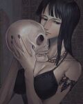  1girl black_hair blunt_bangs breasts cleavage commentary_request dress holding holding_skull jewelry large_breasts lips medium_hair necklace nico_robin nsgw one_piece poneglyph purple_nails skull solo spaghetti_strap 