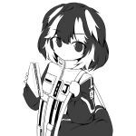  1girl 54772 animal_ears bag dog_ears food greyscale highres holding holding_food jacket jang_schna long_sleeves looking_at_viewer medium_hair monochrome multicolored_hair project_moon puffy_long_sleeves puffy_sleeves sandwich solo streaked_hair upper_body virtual_youtuber 