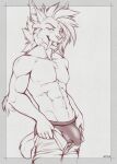 abs accelo anthro athletic balls bottomwear bottomwear_down bulge clothed clothing felid genitals hair hi_res long_hair looking_at_viewer male mammal monochrome muscular pants pants_down partially_clothed penis saber-toothed_tiger seductive short_tail solo steele_(accelo) tail underwear