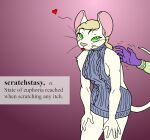 &lt;3 2022 amethyst_du_sciur anthro blonde_hair clothing cybercorn_entropic cynthia_boggs definition disembodied_hand english_text female fur green_eyes hair mammal meme meme_clothing mouse murid murine offscreen_character pink_background rodent scratching_back simple_background sniglets solo sweater text tongue tongue_out topwear virgin_killer_sweater whiskers white_body white_fur