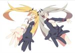 2girls absurdres beckoning blonde_hair clear_(djmax) closed_eyes djmax fail_(djmax) flat_chest grey_hair hair_ornament highres long_hair mamo_c multiple_girls non-web_source open_mouth outstretched_arm outstretched_hand spread_fingers twintails 