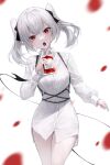  1girl absurdres black_ribbon blood collared_shirt commentary crystalherb hair_ribbon highres long_sleeves looking_at_viewer open_mouth original pale_skin pointy_ears red_eyes ribbon shirt short_hair simple_background solo standing symbol-only_commentary tail thighs twintails white_background white_shirt 