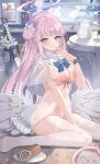  1girl absurdres angel_wings blue_archive breasts capelet feathered_wings flower hair_bun hair_flower hair_ornament halo highres jinmuxi_(user_pvha4443) large_breasts long_hair looking_at_viewer low_wings mika_(blue_archive) nipples pink_hair pink_halo pussy side_up_bun single_side_bun sitting skindentation solo thighhighs very_long_hair white_capelet white_thighhighs white_wings wings yellow_eyes 