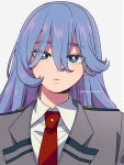  1girl alternate_hairstyle blazer blue_eyes blue_hair boku_no_hero_academia closed_mouth collared_shirt expressionless facing_viewer grey_jacket hadou_nejire highres jacket long_hair looking_at_viewer mommorua necktie red_necktie school_uniform shirt simple_background solo u.a._school_uniform white_background white_shirt 