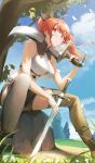  1girl absurdres aged_up ahoge bandaged_hand bandages bare_shoulders black_ribbon blue_sky breasts brown_shorts brown_thighhighs closed_mouth cloud commentary crop_top day eris_greyrat floating_hair grass hair_between_eyes hair_ribbon highres holding holding_sword holding_weapon large_breasts long_hair looking_at_viewer midriff mushoku_tensei outdoors over_shoulder parisa_reaz planted planted_sword ponytail red_eyes red_hair ribbon rock shadow shirt short_shorts shorts sidelocks signature sitting sky sleeveless sleeveless_shirt solo sword sword_over_shoulder thick_eyebrows thighhighs tree underbust very_long_hair weapon weapon_over_shoulder white_shirt 