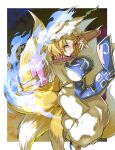  1girl animal_ears blonde_hair blue_fire blue_tabard breasts dress energy fire fox_ears fox_tail hat highres large_breasts long_sleeves mob_cap multiple_tails ofuda ofuda_on_clothes solo tabard tail touhou white_dress wide_sleeves yakumo_ran yellow_eyes yet_you 