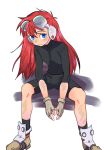  1boy bike_shorts blue_eyes closed_mouth feet_out_of_frame fingerless_gloves gloves goggles grandia grandia_i highres justin_(grandia) long_hair looking_at_viewer male_focus red_hair simple_background solo white_background zyushi10 