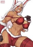  1girl animal_ears bare_shoulders black_gloves boku_no_hero_academia bra breasts dark-skinned_female dark_skin fur-trimmed_skirt fur-trimmed_sleeves fur_trim gloves grin hair_between_eyes large_breasts long_eyelashes long_hair looking_at_viewer mirko navel off_shoulder parted_bangs patreon_username rabbit_ears rabbit_girl rabbit_tail red_bra red_eyes red_skirt red_sleeves red_thighhighs redjet skindentation skirt smile solo stomach strap_pull tail tail_through_clothes thick_thighs thighhighs thighs toned underwear white_background white_hair 