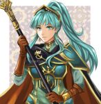  1girl armor artist_name breastplate brown_gloves earrings eirika_(fire_emblem) eirika_(pledged_restorer)_(fire_emblem) fire_emblem fire_emblem:_the_sacred_stones fire_emblem_heroes gloves helm helmet holding holding_polearm holding_weapon jewelry long_hair looking_at_viewer official_alternate_costume official_alternate_hairstyle polearm ponytail schereas shoulder_armor solo upper_body weapon 
