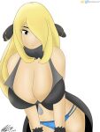 absurd_res big_breasts bikini black_clothing breasts clothing cynthia_(pokemon) female hi_res leaning leaning_forward looking_at_viewer nintendo pokemon pokemon_champion simple_background solo swimwear white_background