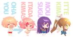  4girls blazer blue_skirt bow brown_hair character_name chibi closed_eyes doki_doki_literature_club green_eyes hair_bow highres jacket long_hair monika_(doki_doki_literature_club) multiple_girls natsuki_(doki_doki_literature_club) open_mouth pink_eyes pink_hair ponytail purple_eyes purple_hair sayori_(doki_doki_literature_club) school_uniform seirense34 short_hair skirt yuri_(doki_doki_literature_club) 