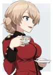  1girl blonde_hair blue_eyes blush braid breasts commentary cup darjeeling_(girls_und_panzer) ehirorotoon girls_und_panzer highres holding holding_cup holding_saucer jacket long_hair long_sleeves looking_at_viewer medium_breasts saucer smile st._gloriana&#039;s_military_uniform tea teacup upper_body 