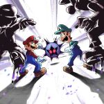  1other 4boys blue_overalls boots brothers brown_footwear brown_hair dark_star_(mario) facial_hair gloves glowing glowing_eyes green_headwear green_shirt hat highres looking_at_another looking_back luigi mario mario_&amp;_luigi:_bowser&#039;s_inside_story mario_&amp;_luigi_rpg mario_(series) masanori_sato_(style) multiple_boys mustache overalls red_eyes red_headwear red_shirt shirt short_hair siblings white_gloves ya_mari_6363 