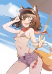  1girl absurdres animal_ear_fluff animal_ears bikini blue_archive bottle breasts brown_hair cowboy_shot double_fox_shadow_puppet fang foreshortening fox_ears fox_shadow_puppet fox_tail grey_shorts highres holding holding_bottle izuna_(blue_archive) izuna_(swimsuit)_(blue_archive) looking_at_viewer navel official_alternate_costume one_eye_closed open_mouth parasol ramune red_scarf riok_hh scarf short_hair shorts skin_fang small_breasts smile solo striped striped_bikini swimsuit tail umbrella wet yellow_eyes 